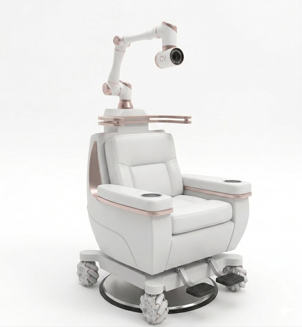 HairChair workstation render — alternate angle showing the arm articulation envelope.